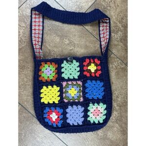 Crochet Lined Granny Square Bag Purse Tote Shoulder Handbag Cotton Colorful Blac